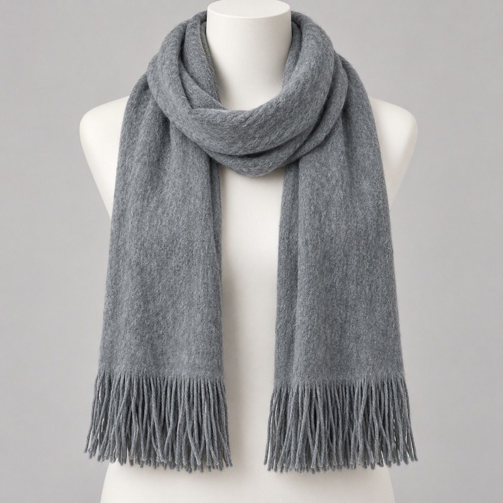 Gray Knit Fringe Scarf Minimalist Neutral Cozy Winter Layering Wrap Academia